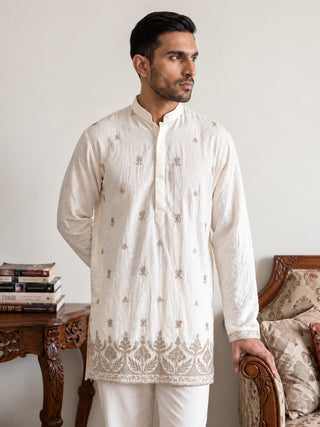 Embroidered Silk Blend Short Kurta