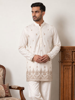 Embroidered Silk Blend Short Kurta