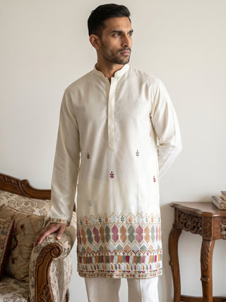 Silk Blend Embroidered Short Kurta