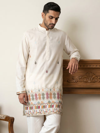Silk Blend Embroidered Short Kurta
