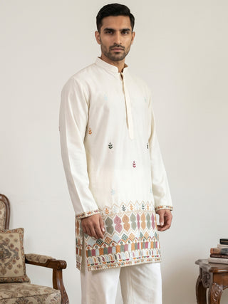 Silk Blend Embroidered Short Kurta