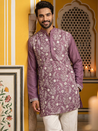 Floral Embroidered Silk Blend Short Kurta
