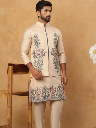 Silk Blend Embroidered Kurta Pyjama Waistcoat Set