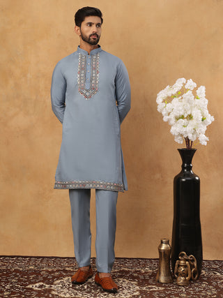 Silk Blend Embroidered Kurta Pyjama Waistcoat Set