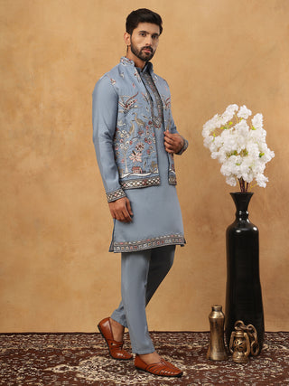 Silk Blend Embroidered Kurta Pyjama Waistcoat Set