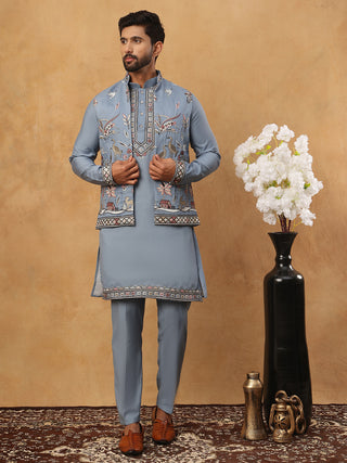 Silk Blend Embroidered Kurta Pyjama Waistcoat Set