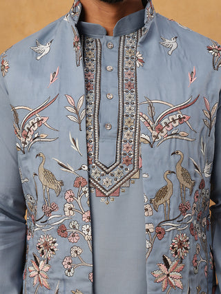 Silk Blend Embroidered Kurta Pyjama Waistcoat Set