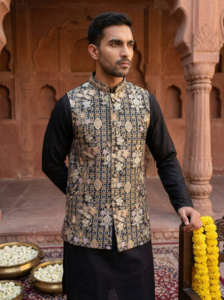 Kurta Pyjama Set with Floral Embroidered Waistcoat