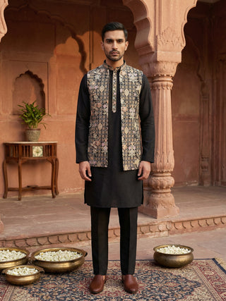 Kurta Pyjama Set with Floral Embroidered Waistcoat