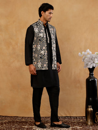 Kurta Pyjama Set with Floral Embroidered Waistcoat