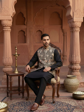 Kurta Pyjama Set with Floral Embroidered Waistcoat