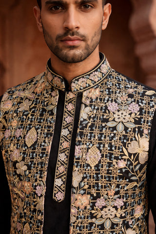 Kurta Pyjama Set with Floral Embroidered Waistcoat