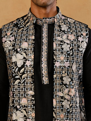 Kurta Pyjama Set with Floral Embroidered Waistcoat