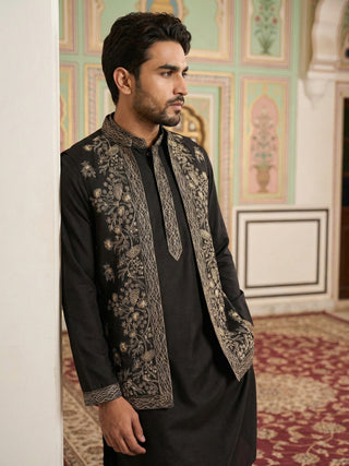 Silk Blend Embroidered Waistcoat Kurta Set