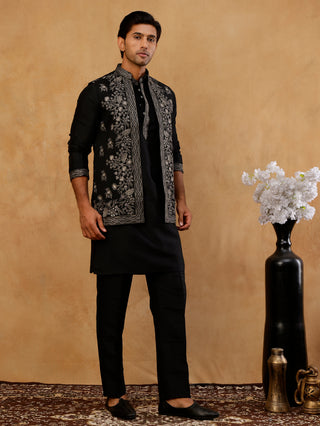 Silk Blend Embroidered Waistcoat Kurta Set