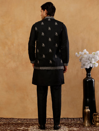 Silk Blend Embroidered Waistcoat Kurta Set