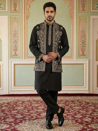 Silk Blend Embroidered Waistcoat Kurta Set