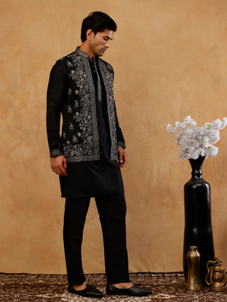 Silk Blend Embroidered Waistcoat Kurta Set