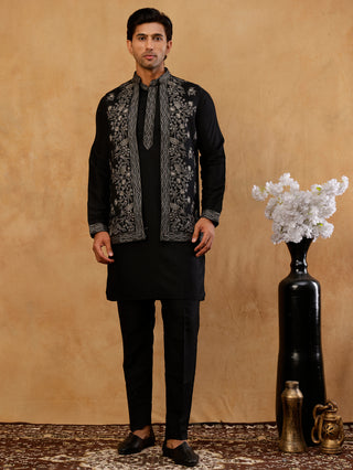Silk Blend Embroidered Waistcoat Kurta Set