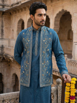 Silk Blend Embroidered Waistcoat Kurta Set