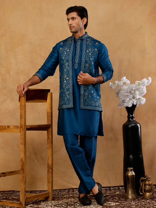 Silk Blend Embroidered Waistcoat Kurta Set
