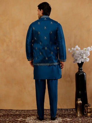 Silk Blend Embroidered Waistcoat Kurta Set