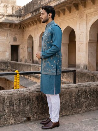 Silk Blend Embroidered Waistcoat Kurta Set