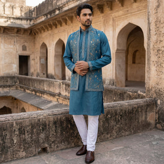Silk Blend Embroidered Waistcoat Kurta Set