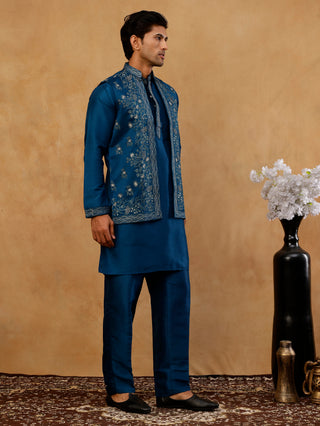 Silk Blend Embroidered Waistcoat Kurta Set