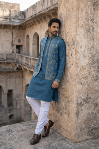 Silk Blend Embroidered Waistcoat Kurta Set