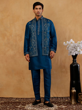 Silk Blend Embroidered Waistcoat Kurta Set