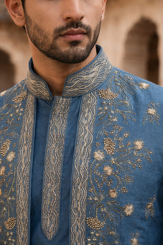 Silk Blend Embroidered Waistcoat Kurta Set