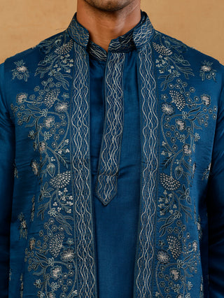 Silk Blend Embroidered Waistcoat Kurta Set