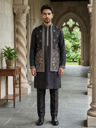 Silk Blend Embroidered Kurta with Pyjama & Waistcoat