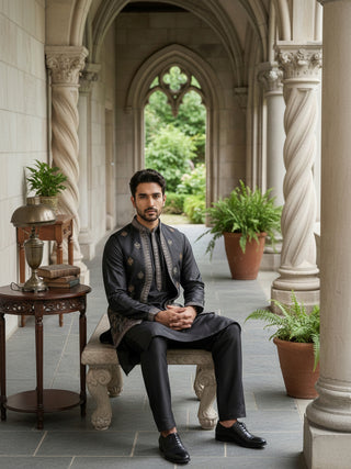 Silk Blend Embroidered Kurta with Pyjama & Waistcoat