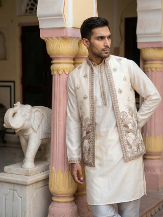 Silk Blend Embroidered Kurta with Pyjama & Waistcoat