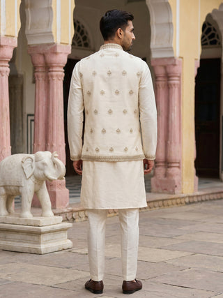Silk Blend Embroidered Kurta with Pyjama & Waistcoat
