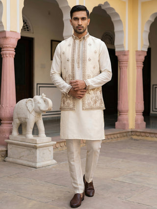Silk Blend Embroidered Kurta with Pyjama & Waistcoat