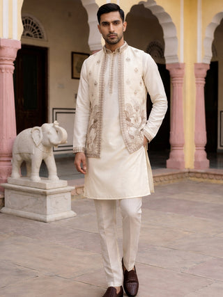 Silk Blend Embroidered Kurta with Pyjama & Waistcoat
