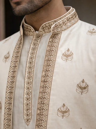 Silk Blend Embroidered Kurta with Pyjama & Waistcoat