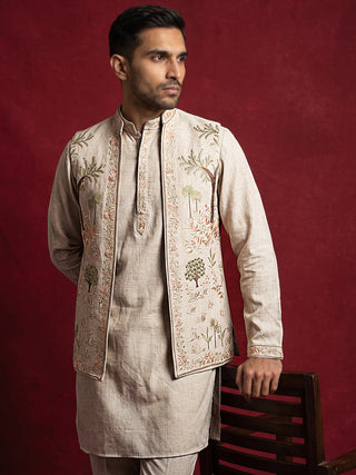Men Floral Embroidered Cotton Kurta Pyjama & Waistcoat Set