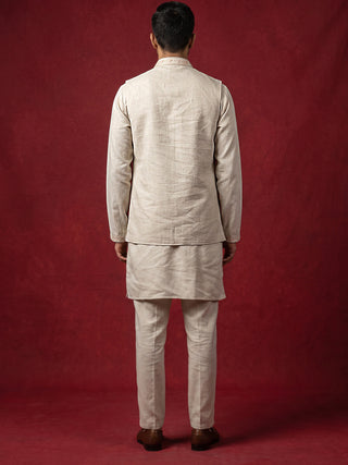Men Floral Embroidered Cotton Kurta Pyjama & Waistcoat Set