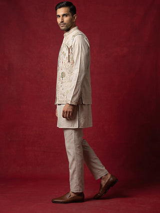 Men Floral Embroidered Cotton Kurta Pyjama & Waistcoat Set