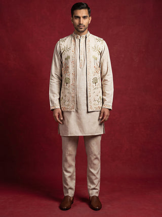 Men Floral Embroidered Cotton Kurta Pyjama & Waistcoat Set