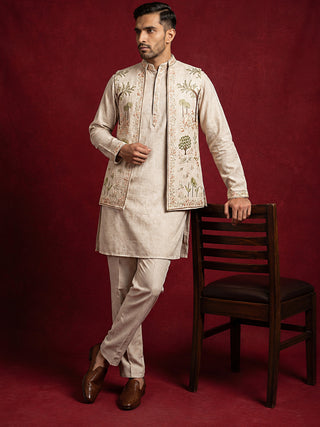 Men Floral Embroidered Cotton Kurta Pyjama & Waistcoat Set