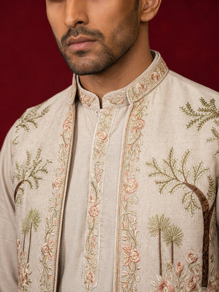 Men Floral Embroidered Cotton Kurta Pyjama & Waistcoat Set