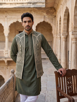 Silk Blend Embroidered Kurta Pyjama with Jacket