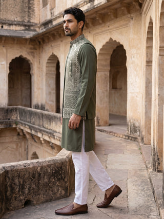 Silk Blend Embroidered Kurta Pyjama with Jacket