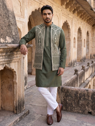 Silk Blend Embroidered Kurta Pyjama with Jacket