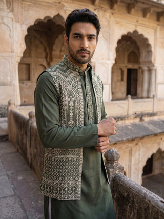 Silk Blend Embroidered Kurta Pyjama with Jacket